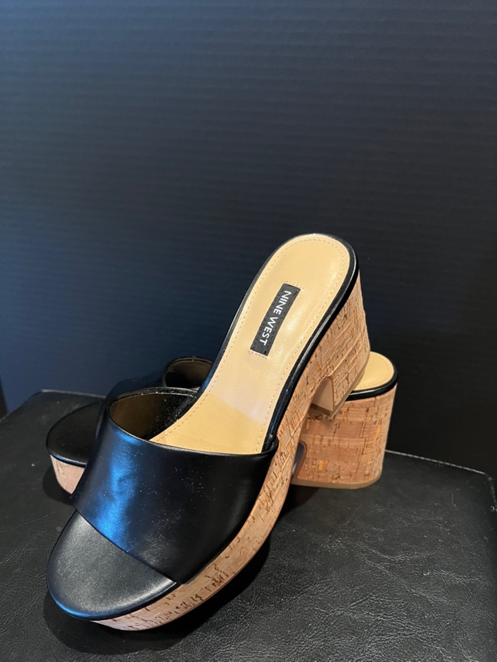 Nine West Black Platform Slide Sandals with cork heel
